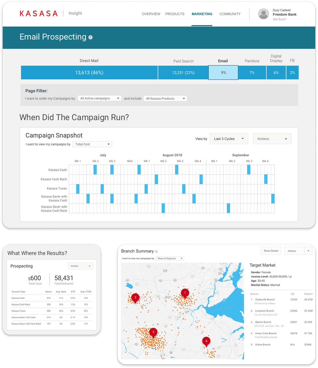 Marketing data focused on email prospecting and branch summary results