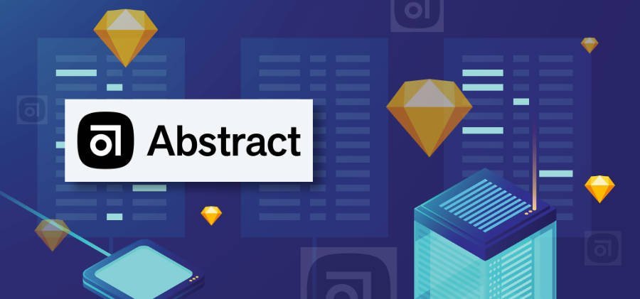 Graphic showing the Abstract logo on top of a blue background with Sketch logos adn shapes overlaid on one another.