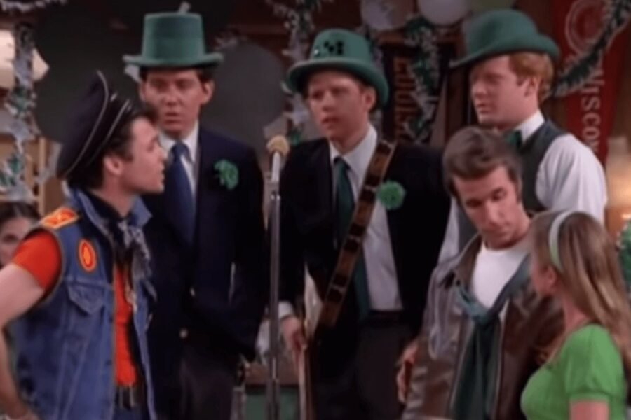 Example still image taken from the television program Happy Days, in which Fonzie is about to get into a fight with a gang member. © Paramount Pictures. All rights reserved