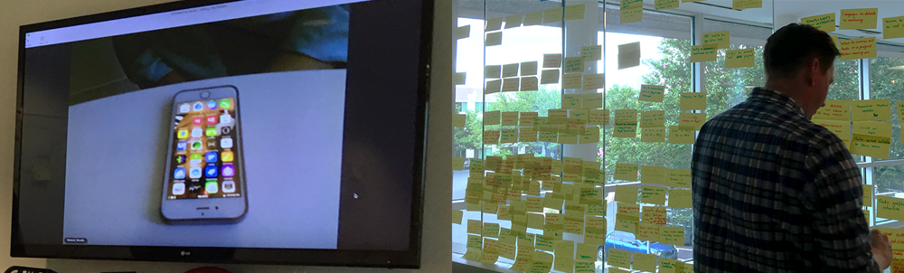 Left image depicting a mobile device being tested. The right image depicting a designer adding post-its to the board.