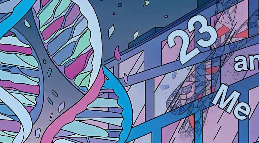 Illustration of a double helix falling apart, along with a building with the letters and numbers from 23 and Me falling from the shattered glass.