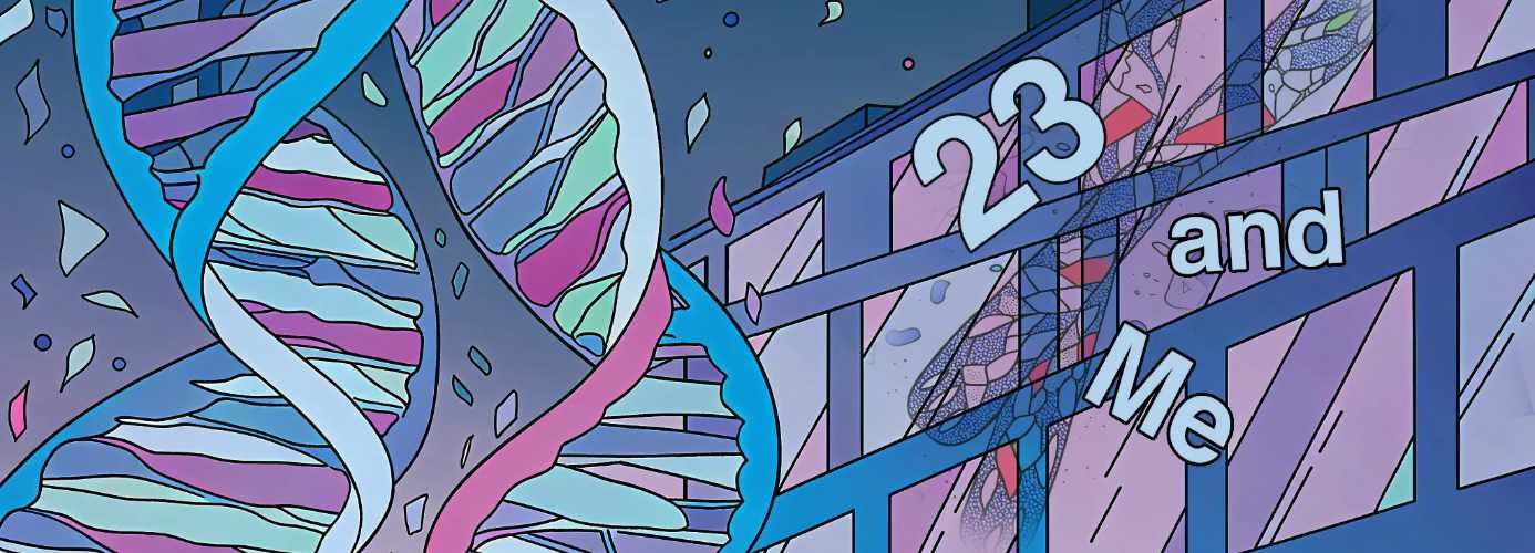 Illustration of a double helix falling apart, along with a building with the letters and numbers from 23 and Me falling from the shattered glass.
