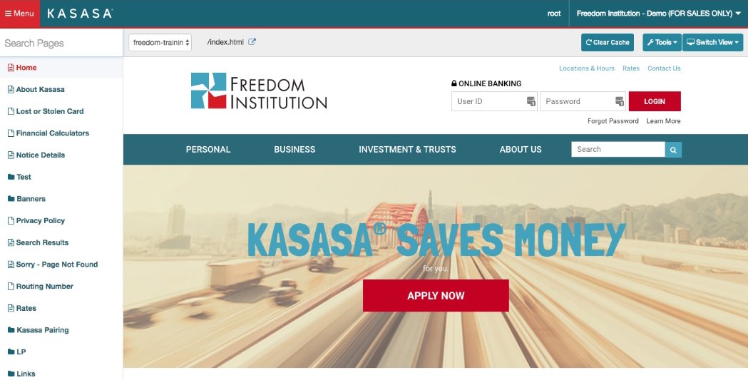The Kasasa CMS editor screen on Freedom Institution's site